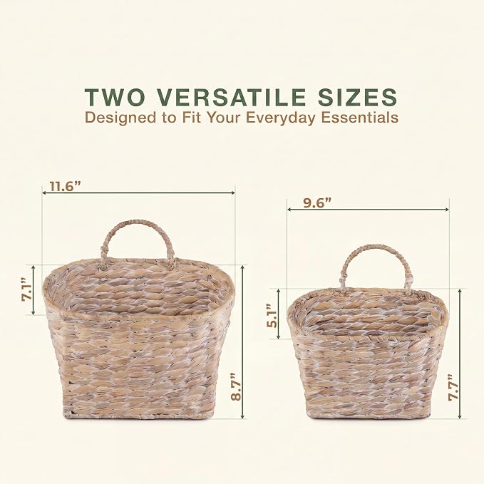 Set of 2 White Wicker Hanging Baskets for Front Door, Mail, Flowers & Organizing