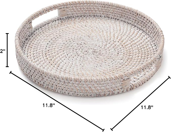11.8 inch Round Rattan Tray, Decorative Coffee Table Trays, Ottoman Tray, Woven Serving Tray with Handles, Wicker Serving Basket, Whitewash