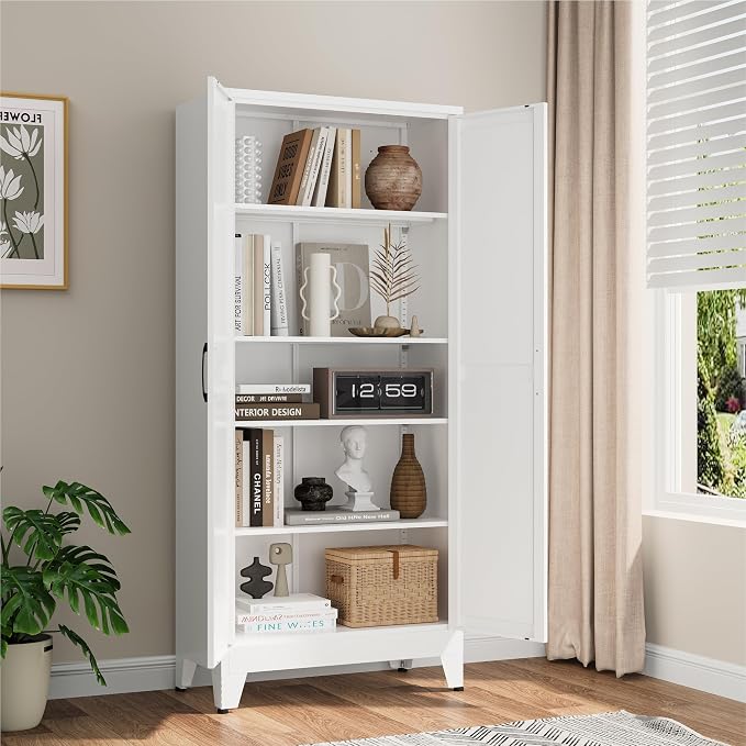 Bevivog 71" Tall Pantry Cabinet Farmhouse, Metal Storage Cabinet with 2 Doors and 4 Adjustable Shelves, Freestanding Tall Food Pantry Cabinet Storage for Kitchen, Home Office, Living Room, Laundry