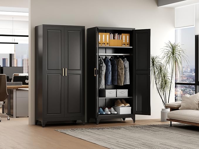 Polup 71" Metal Armoire Wardrobe Closet with Doors and Adjustable Shelves | Freestanding Tall Clothing Storage Cabinet, Heavy Duty, Hanging Rod, Magnetic Closure, for Bedroom, Office, Garage, Black