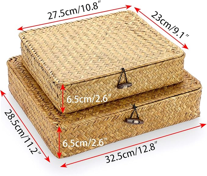 Hipiwe Set of 2 Flat Woven Wicker Storage Bins with Lid Seagrass Basket Box | Natural Handwoven Basket Multipurpose Home Organizer Bins Boxes for Shelf Organizer, Caramel