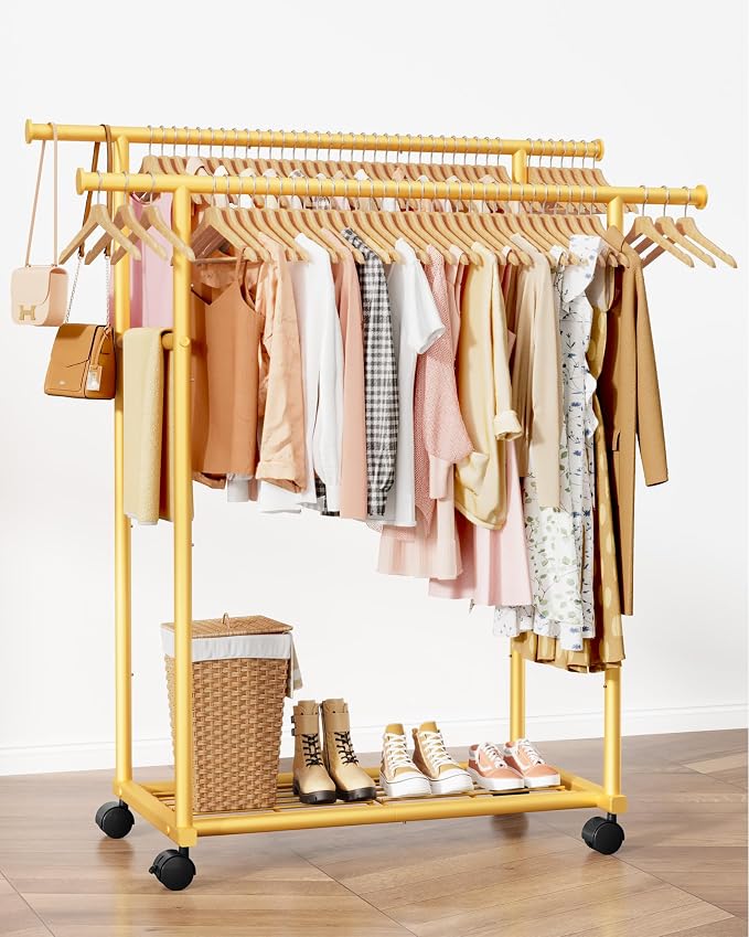 Sakugi Double Rods Clothes Rack - Metal Clothing Rack with Fixed Double Rods, Rolling Wheels & Built-In Shelf for Closet, Bedroom, Laundry Storage (39" x 17" x 60", Gold)