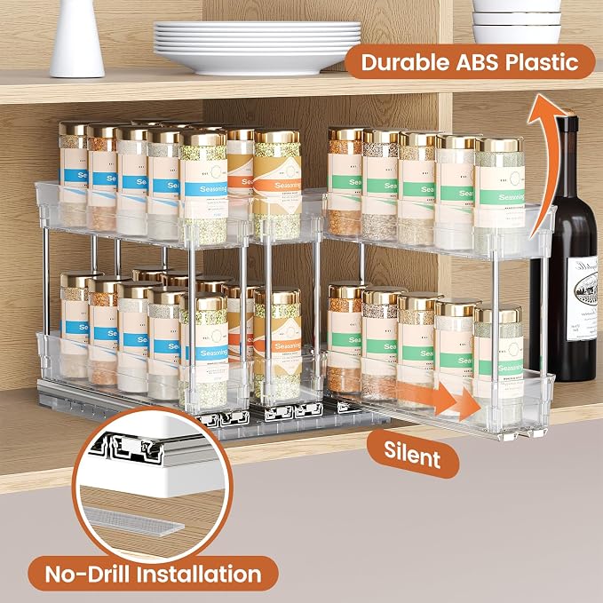 Mystozer Pull Out Spice Rack Organizer for Cabinet, Slide Out Spice Racks Organizer, Easy to Install Spice Cabinet Organizers, 8.5''Wx10.5''Dx8.3''H, 3 Drawers - 2 Tiers (Clear)