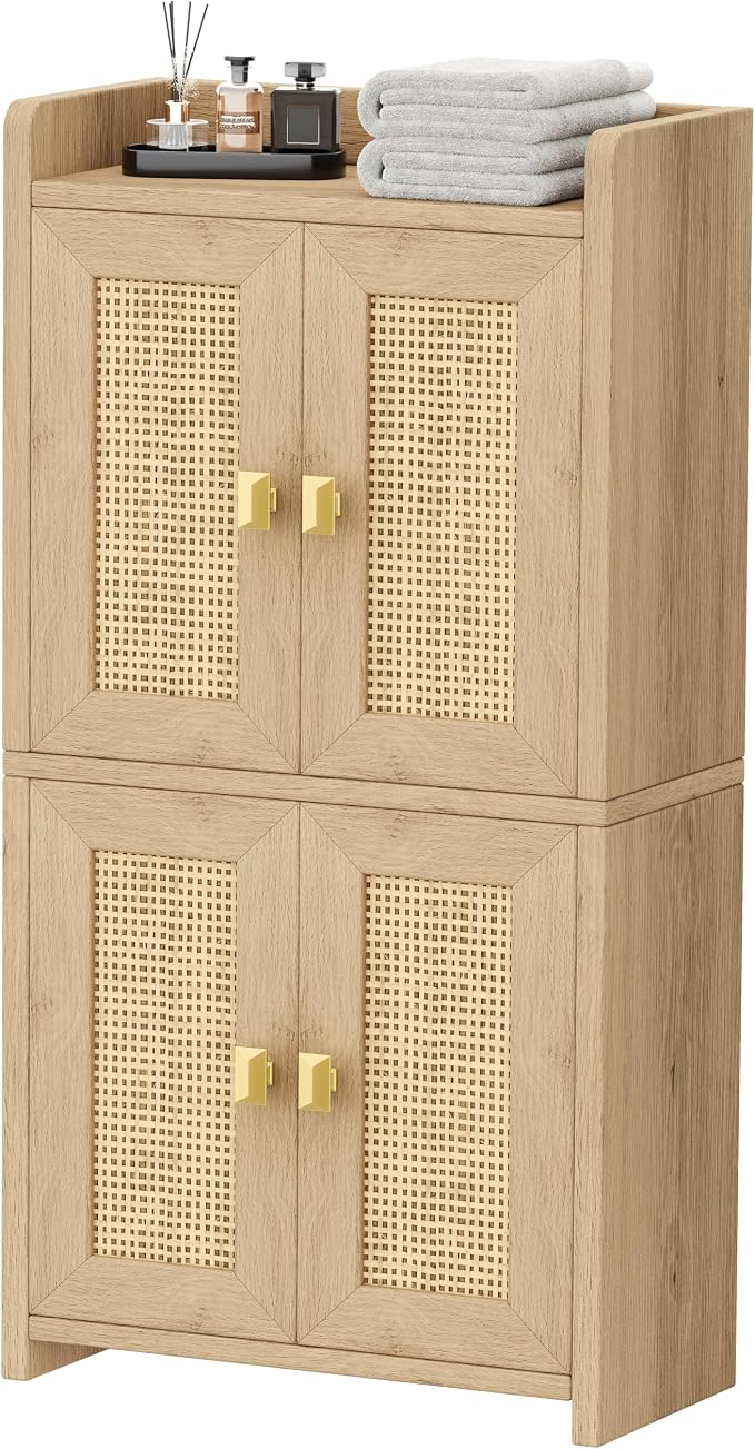 Akxomel 15" Rattan Small Bathroom Cabinet 4 Doors Adjustable Shelf Oak | Bathroom Organizer and Storage, Toilet Paper Floor Cabinet for Small Space