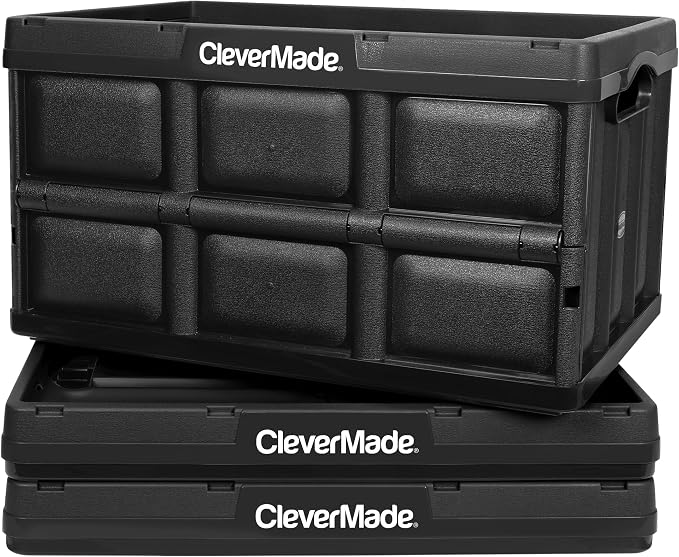 CleverMade Collapsible Storage Bins, 62L, 3 Pack, Obsidian | Extra-large bins support 100 lb for groceries, tools, and gear. They stack securely and fold to 2.75 inches for storage.