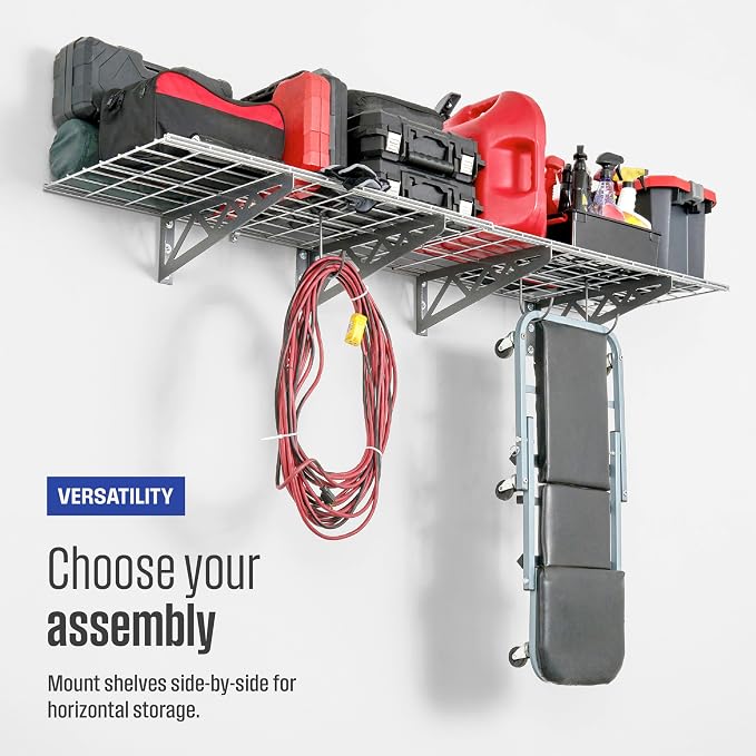 SafeRacks Steel Garage Wall Shelves 2-Pk w/Hooks, 500lb, Hammertone (18x36)