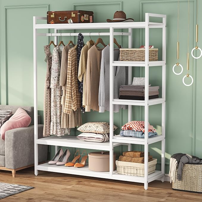 LITTLE TREE Free Standing Wood Closet Clothes Rack,Heavy Duty Grament Rack with Shelves,Hanging Racks for Clothes Clothing Rack for Bedrom,Wardrobe Closet Organizer,350 lb Capacity