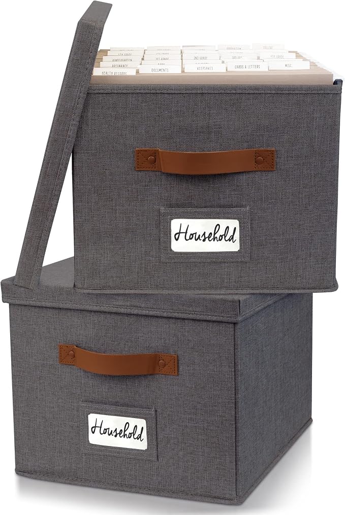 Decorative File Organizer Box Set of 2 - Collapsible Linen Filing Cabinets | Stores Documents and Hanging File Folders - Portable Office Crates with Lid and Handles for Easy Slide Access