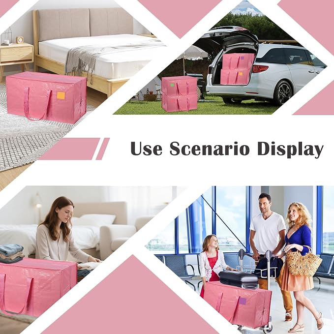 6 Pack Moving Bags with Full-Open Side Zipper, Extra Large 93L Heavy Duty Waterproof Foldable Storage Totes for College Dorm, Moving & Home Organization Pink