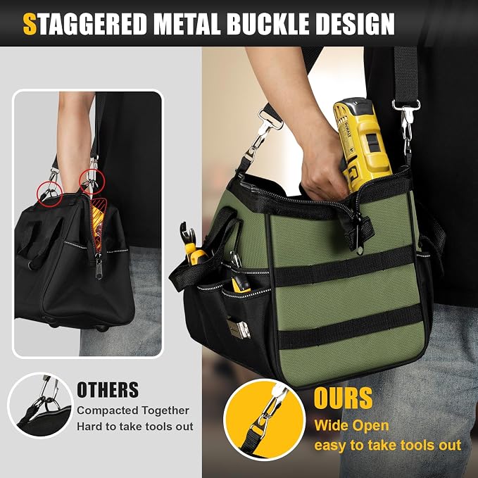 UUP Heavy Duty Tool Bag 15Inch, 16-Pocket Portable Empty Tool Box Organizer | Big Storage Toolbox Organization, Soft Handle Large Zipper Carrying Toolbag, Father Day Gifts for Him Dad Men, Green