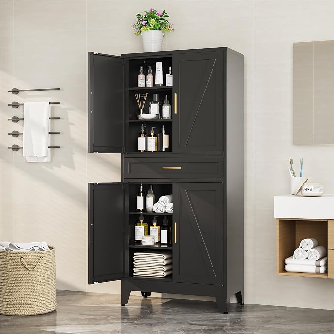 Bevivog 71" Kitchen Pantry Cabinet, Metal Storage Cabinet with Drawer, 2 Doors and 4 Adjustable Shelves Cabinet for Home Office Laundry Living Room Farmhouse Black Metal Pantry