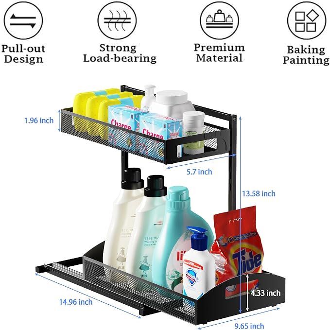 Petiza Under Sink Organizer,2 Pack Height Adjustable Under Sink Organizers and Storage, 2 Tier Under Sink Storage for Kitchen Bathroom Cabinet