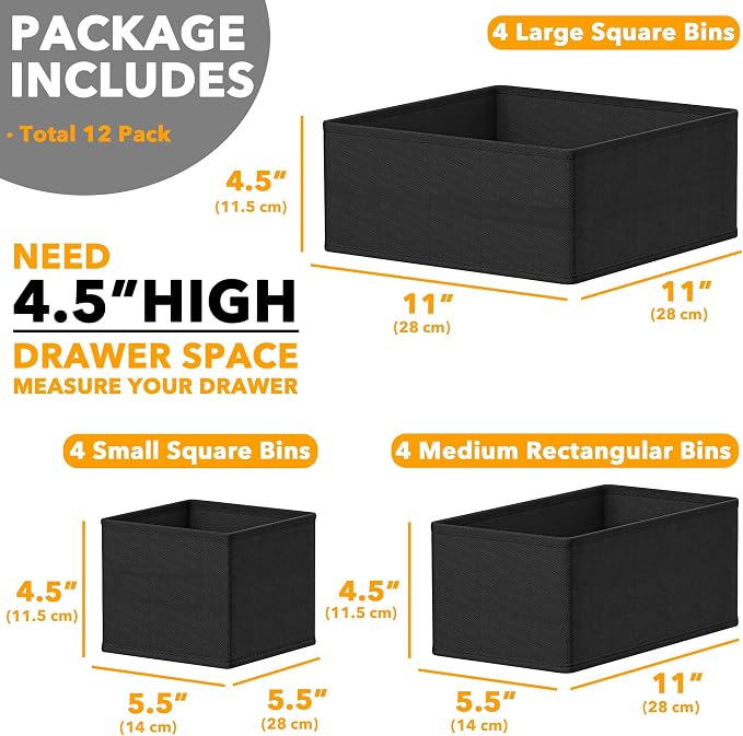 SpaceAid Drawer Organizer Clothes, 24 Pack Dresser Organizer Bins for Nursery, Closet Organization and Storage Dividers for Clothing, Baby Clothes, Underwears, Socks (Black)