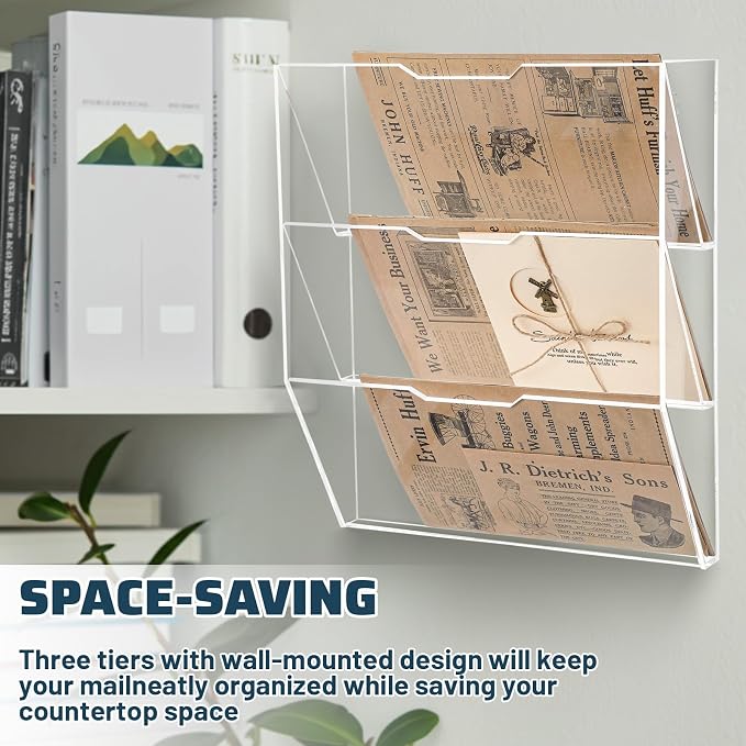 Chunful 3 Tier Mail Sorter Wall Letter Holder Clear Acrylic Wall Mounted Mail Organizer Hanging File Envelope Pocket Plastic Mount Document Holder for Home Office Entryway