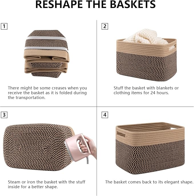4 Pack Storage Baskets for Organizing, Woven Baskets for Shelves - Perfect for Toys, Books, Towels, and Clothes, Durable Gift Basket Bins Toy Storage, 12.7''L x9''W x7.8''H, Black and Brown