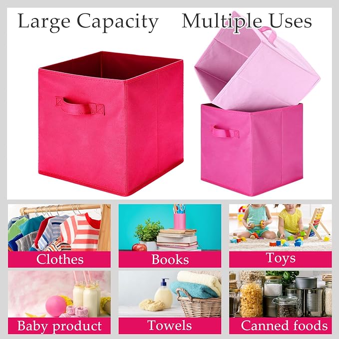 Karenhi 11" x 10. 5" x 10. 5" Pink Storage Cube, 6 Pack Fabric Cube Storage Bins Organizer Box, Collapsible Baskets with Handles Foldable Shelf for Cloth Toys Home Room Closet, Pack of 6