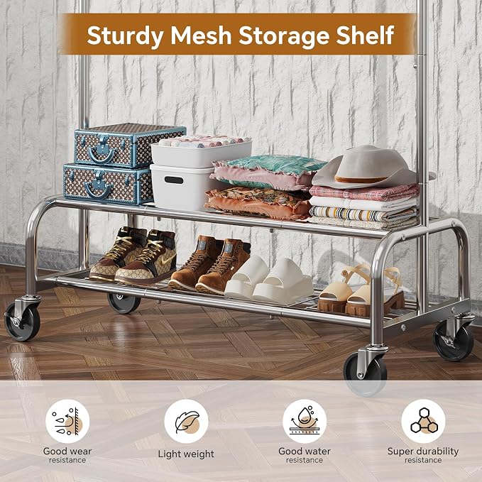 Simple Trending Heavy Duty Clothes Rack, Garment Rack with Extendable Side Rods & Bottom Shelves, 25mm Metal Clothing Rack with Wheels, Bedroom, Laundry Room, Silver