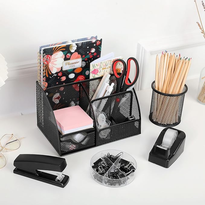 SKYDUE Black Office Supplies, Mesh Desk Organizer, Stapler, Tape Dispenser, Scissors, Binder/Paper Clips and 1000pcs Staples, Desk Supplies Set
