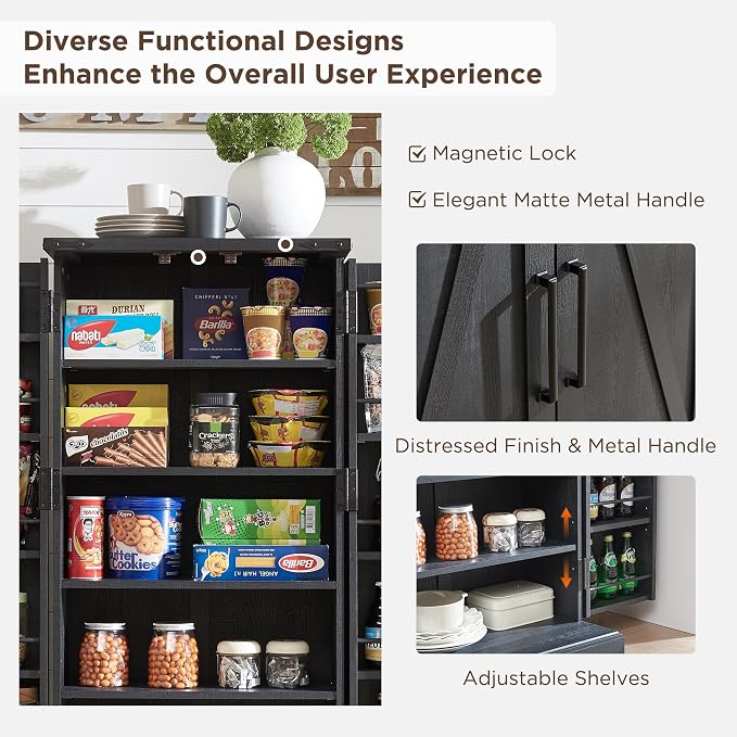 47" Tall Wooden Pantry Storage Cabinet with Door Shelves | Farmhouse, Barn Doors, Adjustable Shelves, Freestanding, Anti-tip Kit, for Kitchen, Dining Room, Living Room
