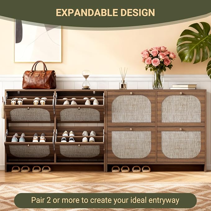 Nicetree Freestanding Ultra Slim Arched Accent Entryway Shoe Storage - 4 Flip Drawers & 3-Tier Adjustable Shelves, Modern Slim Shoe Cabinet for Hallway, Foyer (flip Down Shoe Cabinet | Amber Oak)