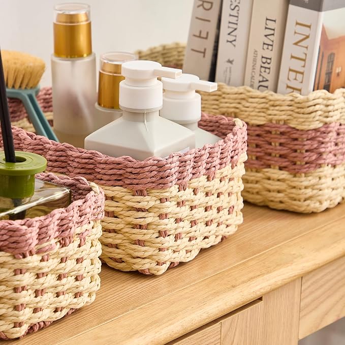 4PCS Woven Storage Baskets Set, Small Baskets for Organizing, Square Handwoven Paper Rope Organizer Bins for Shelves and Home Storage (Natural & Pink)