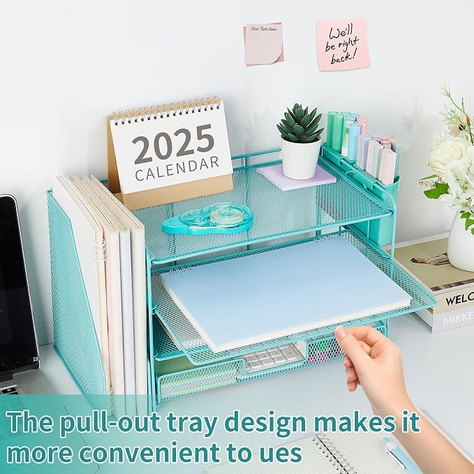 OPNICE Desk Organizer, 4-Tier Desktop File Organizer with Drawer and Pen Holders, Office Desk Accessories, File Sorters, Workspace Organizers for Office Supplies(Teal Blue)
