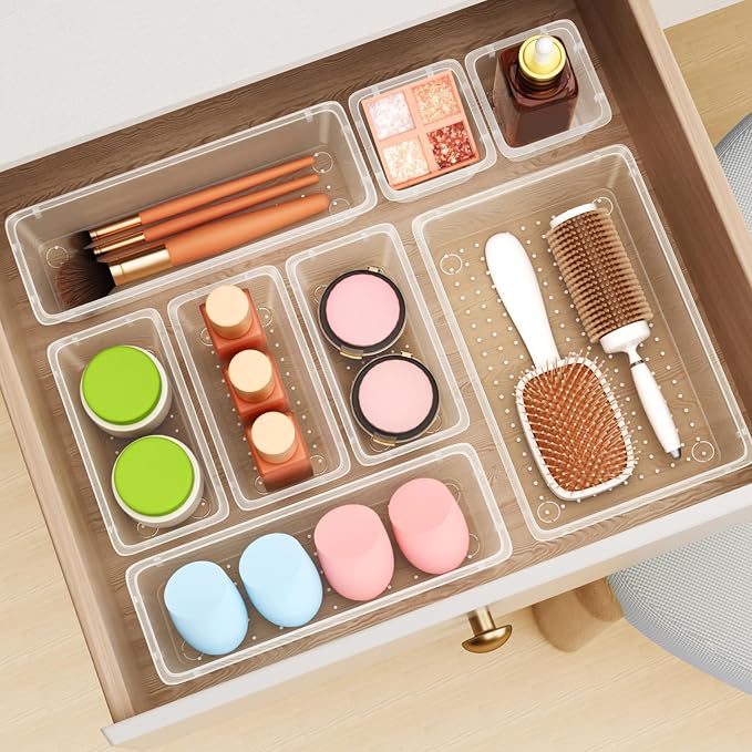12 PCS Drawer Organizer Set, Makeup Organizers, Tool Storage Trays | 4 Sizes, Plastic, Stackable, Multiple Gadgets, Desk Drawer Divider Organizers, for Makeup, Office Supplies Storage