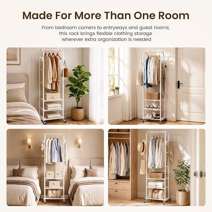 Cesun Heavy Duty Clothes Rack with 3-Tier Mesh Shelves & 8 Hooks, White | Space-Saving Design, Lockable Wheels, Easy Assembly, Stainless Steel, Small Garment Rack for Entrance/Bedroom/Living Room
