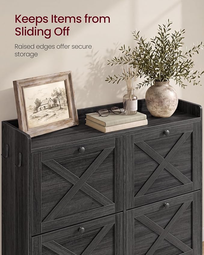 VASAGLE Shoe Storage Cabinet Organizer with 4 Flip Drawers, Freestanding Narrow Shoe Rack Cabinet for Entryway, Farmhouse Style, Fits 14 to 16 Pairs, Smoky Black UHSC403BJ01