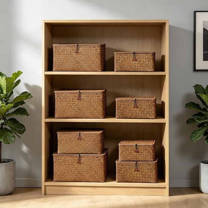4 Pack, Wicker Baskets with Lids, Natural Seagrass Storage Baskets, Woven Rectangular Basket Bins, Rattan Storage Organizer for Shelf (Coffee, Set of 4)