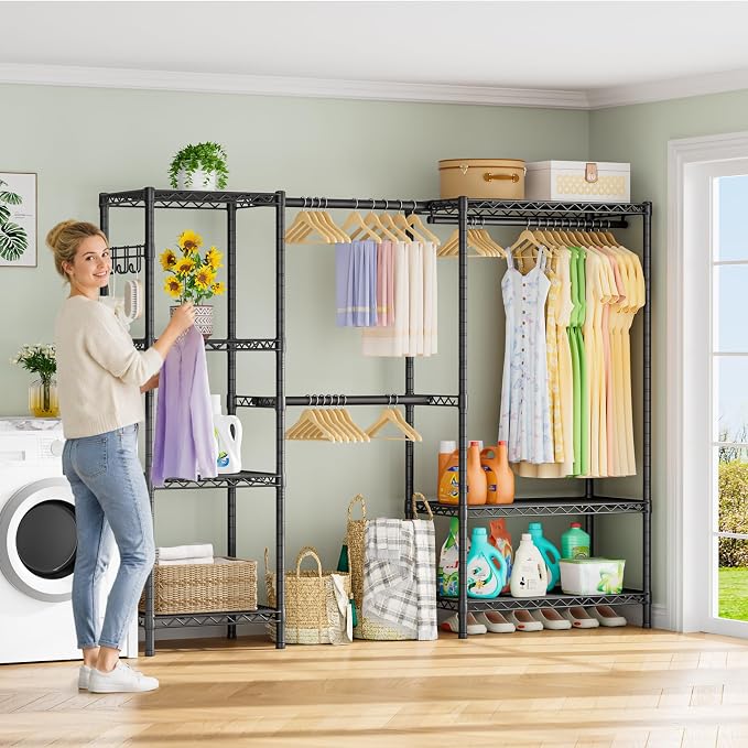 Golpart Heavy Duty Clothes Rack Metal Wardrobe with Adjustable Wire Shelves | Closet Organizers and Storage Clothing Rack Metal System Freestanding Hanging Clothes System Free Standing Garment Coat Racks
