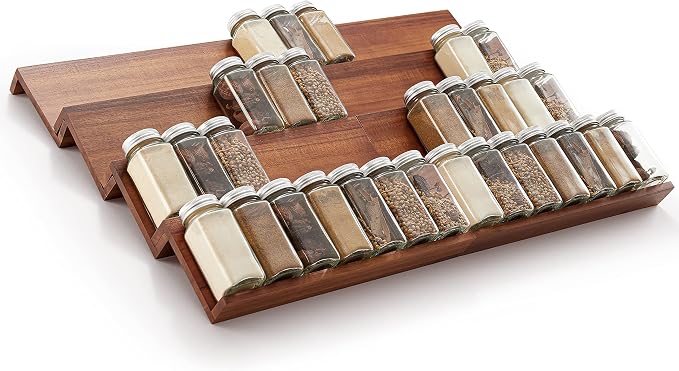 Tinamo Acacia Wooden Spice Rack Organizer for Cabinet - Spice Drawer Insert, Spice Organization for Cabinet, Seasoning Organizer, 4-Tier Spice Jar Rack for Drawer, Spice Holder Pack of 8 (64 Jars) | Acacia Wood Construction, No assembly, Stackable 4-tr...