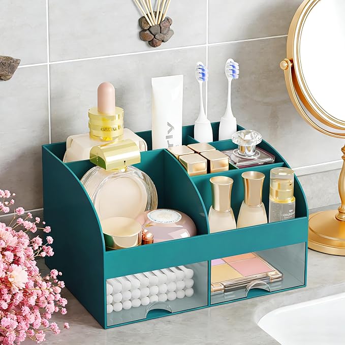 Makeup Organizer with 2 Drawers, Cosmetic Storage for Dresser Vanity and Bathroom Countertop,Make up organization and Skincare Storage with Beauty Brush Holder, Cosmetic Display Case (Dark Green)