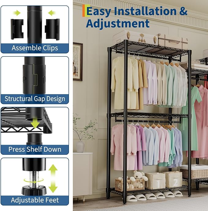 Heavy Duty Garment Rack Stable Clothes Rack for Hanging Clothes Wardrobe Closet with Adjustable Shelves & 5 Hanging Rods 76.5" H x 73.6" L x 17.4" W