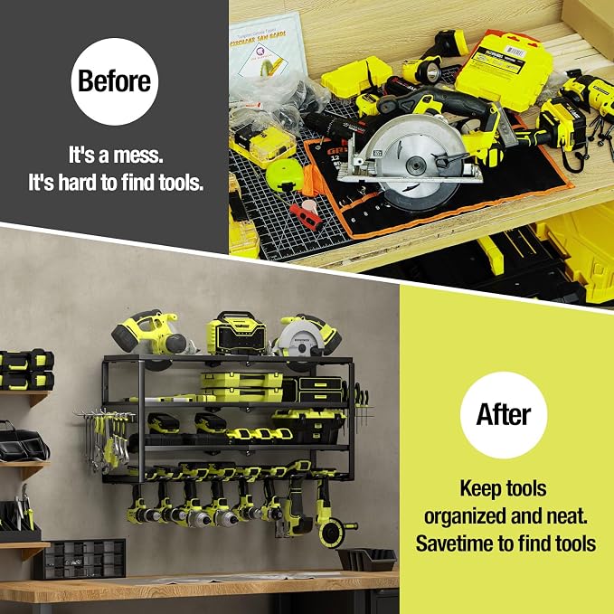 MOOMSINE 4 Layer Power Tool Organizer Wall Mount, Battery Tools Holder with Charging Station Shelf, Cordless Drill Hanger Storage Rack for Garage Organization, Workshop, Pegboard - 32 Inch 8 Slots