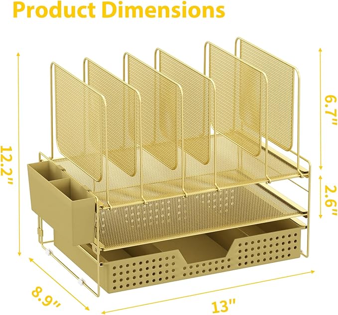 LEKETREE Gold Desk Organizer, Office Organization with Vertical File Holder, File Organizer with Drawer and Pen Holder, Desk Accessories and Workspace Organizers for Home Office (Gold)