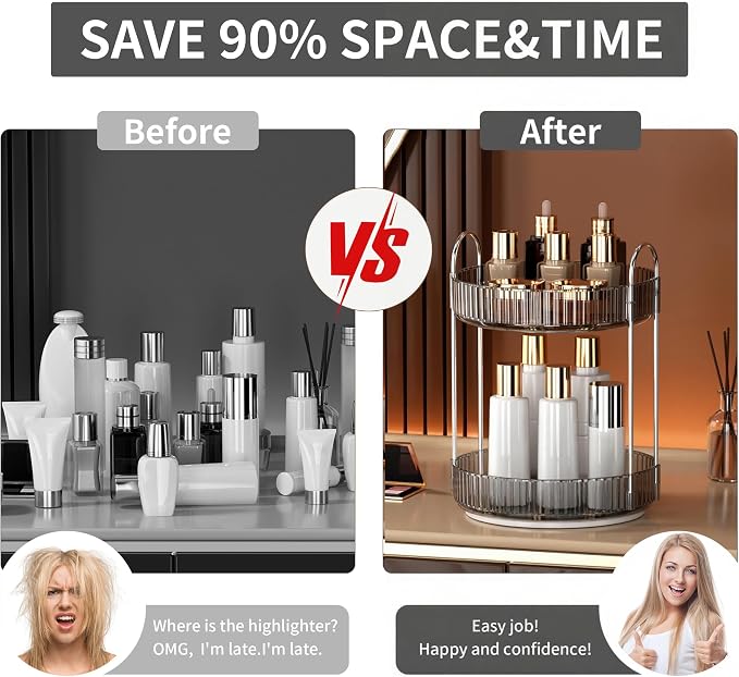 YCIA&DONE 360 Rotating Makeup Organizer and Storage for Vanity Countertop 2 Tiers, High Capacity Cosmetic Skincare Perfume Organizers for Dresser Bathroom Lazy Susan (Smoky Gray)