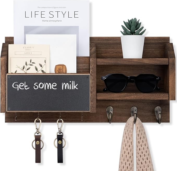 Lwenki Mail and Key Holder – Wall Mount Key Hanger with Shelf and 7 Metal Hooks – Decorative Natural Paulownia Wood Entryway Organizer with Mounting Hardware (16.5”W x 8.7”H x 3.5”D) (Brown)