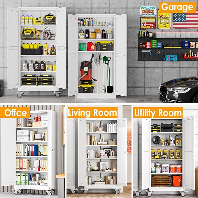 PAOFIN 71''H Tall Metal Garage Storage Cabinet with Wheels,Steel File Cabinets with 2 Doors and 4 Adjustable Shelves for Home Office, Warehouse, Required Assembly,White