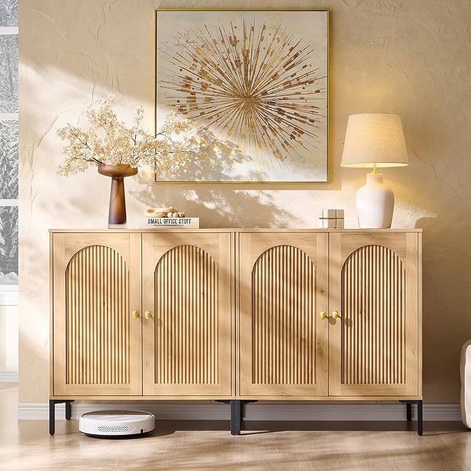 IFGET 61.75" W Modern Arched Sideboard Buffet Cabinet with Storage, Natural | Fluted Arch Sideboard Cabinet w/Adjustable Shelves, Wooden Modular Kitchen Cabinet for Dining& Living Room, Entryway