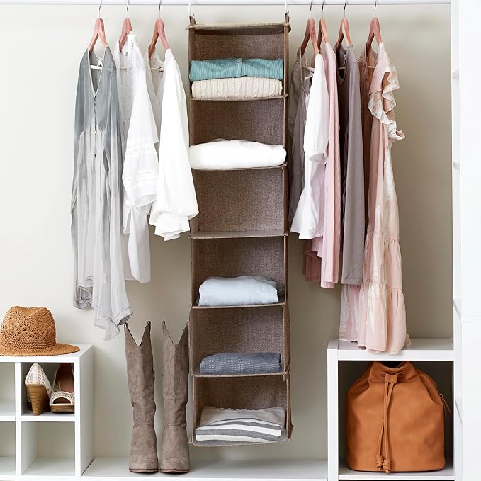 Household Essentials 6 Shelf Hanging Closet Organizer, Hanging Closet Shelf, Fabric Poly Linen and PEVA Shelving, Beige