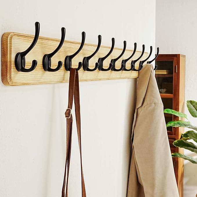 Coat Rack Wall: 38-1/4" Long, Patented, Heavy-Duty, 10-Double-Hooks Wooden Wall Mounted Coat Rack Coat Hanger Hook Rail for Winter Coats Hat Jacket Clothing, Light Brown, Pack of 2