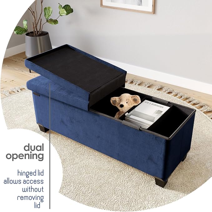 Storage Ottoman Bench with Bins, 43-in Storage Bench for Bedroom End of Bed, Folding Foot Rest Ottoman for Living Room Max 660lbs, Velvet Ottomans, Blue