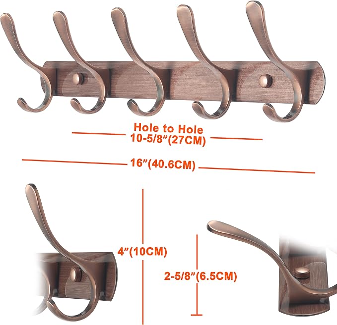 SKOLOO Modern Metal Wall Coat Rack with 5 Hooks, Pack of 2, Sturdy Wall Hook Rack for Hanging Coat, Jacket, Clothes, Hat, Red Copper