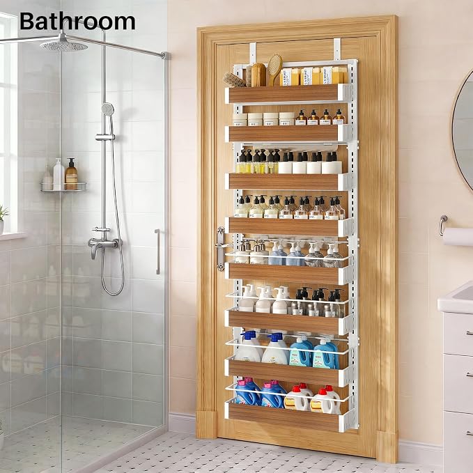 SNTD 8 Tiers Over the Door Organizer - Height Adjustable Pantry Organizers and Storage with Dense Mesh Baskets, Anti-Swing Hanging Door Spice Rack for Kitchen Bathroom (Walnut, 17" W x 6" D x 69" H)
