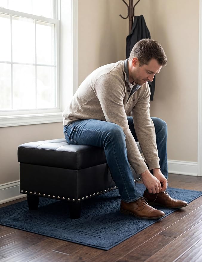 Ottoman with Storage, 28.5 inch Faux Leather Storage Ottoman with Padded Seat, Large Entryway Bench with Solid Wood Frame, Upholstered Sturdy Foot Rest for Living Room, Bedroom, Entryway