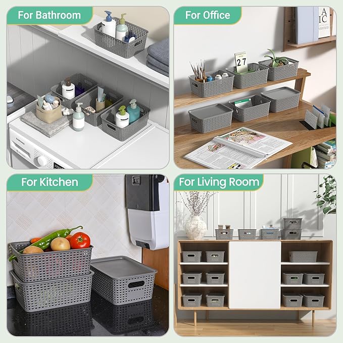 Plastic Storage Baskets with Lid-Plastic Storage Containers Stackable Storage bins: Storage Baskets for Organizing Shelves Drawers Desktop Closet Playroom Classroom Office,8 Pack-Gray10.2x7.2x4.1Inch