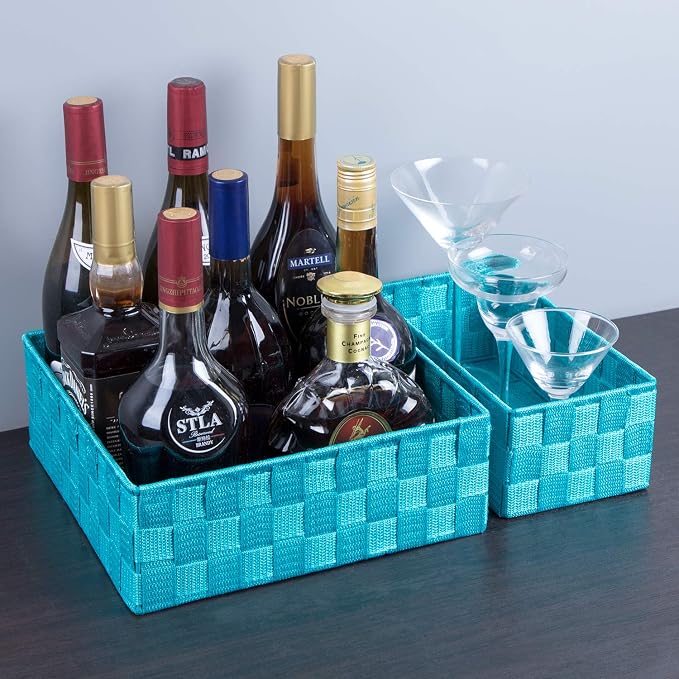 Posprica Woven Storage Baskets for Organizing, Small Black Baskets Cube Bin Container Tote Organizer Divider for Drawer, Closet, Shelf, Dresser, Set of 4(Aqua)