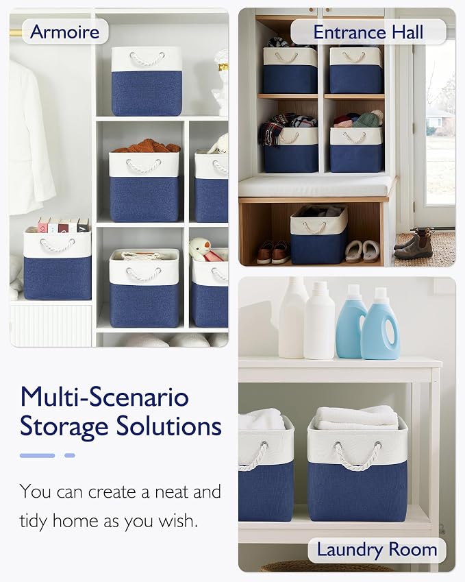 Patvingot 13-Inch Fabric Cube Storage Bins with Handles,4 Pack,Foldable | For cube shelves and closets,keeps grouped for everyday access,reinforced opening and fold-flat storage,white and blue