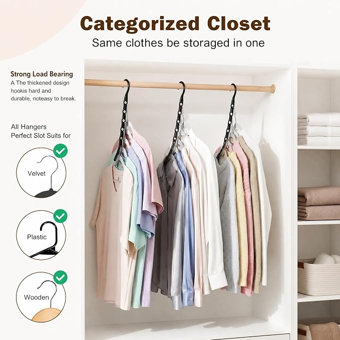 HOUSE DAY 10 Pack Space Saving Hangers, Black, Premium Smart Hanger | Closet Organizers and Storage, Sturdy Cascading Hangers with 5 Holes for Heavy Clothes, College Dorm Room Essentials